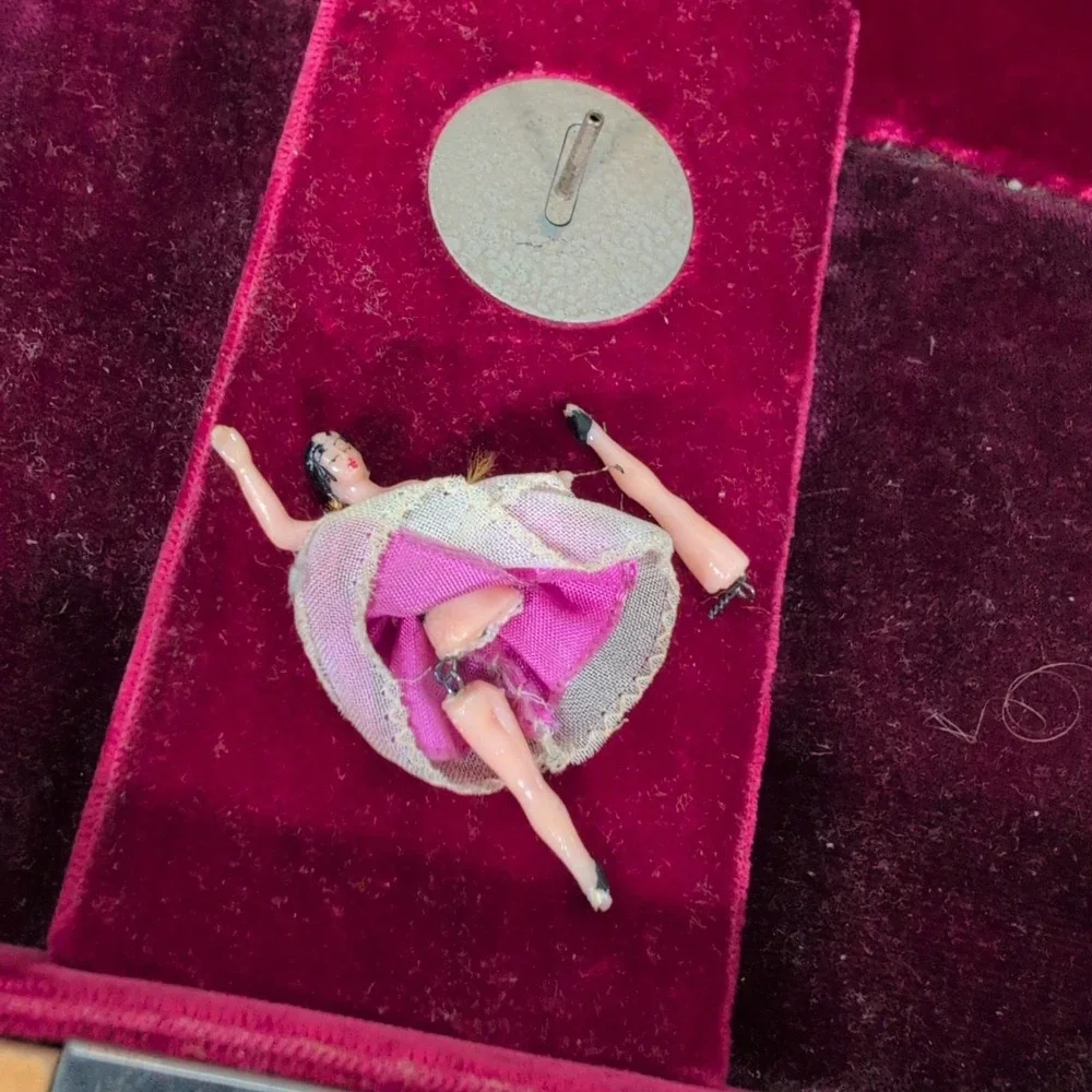 Vintage Working Wooden Ballerina (nonworking) Music Box Mirror Red Fabric Lining